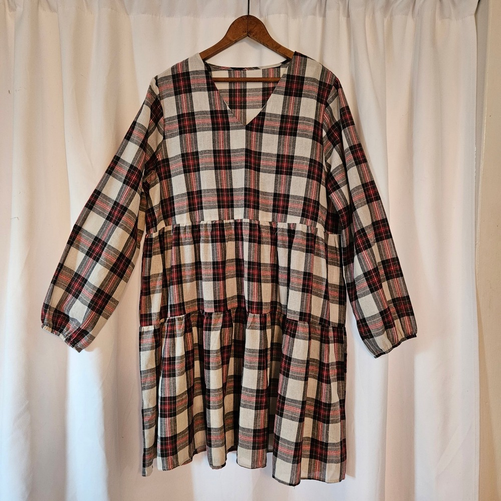 Cupshe Womens XL Plaid Tiered‎ Flounce Mini Dress V neck Black Red White